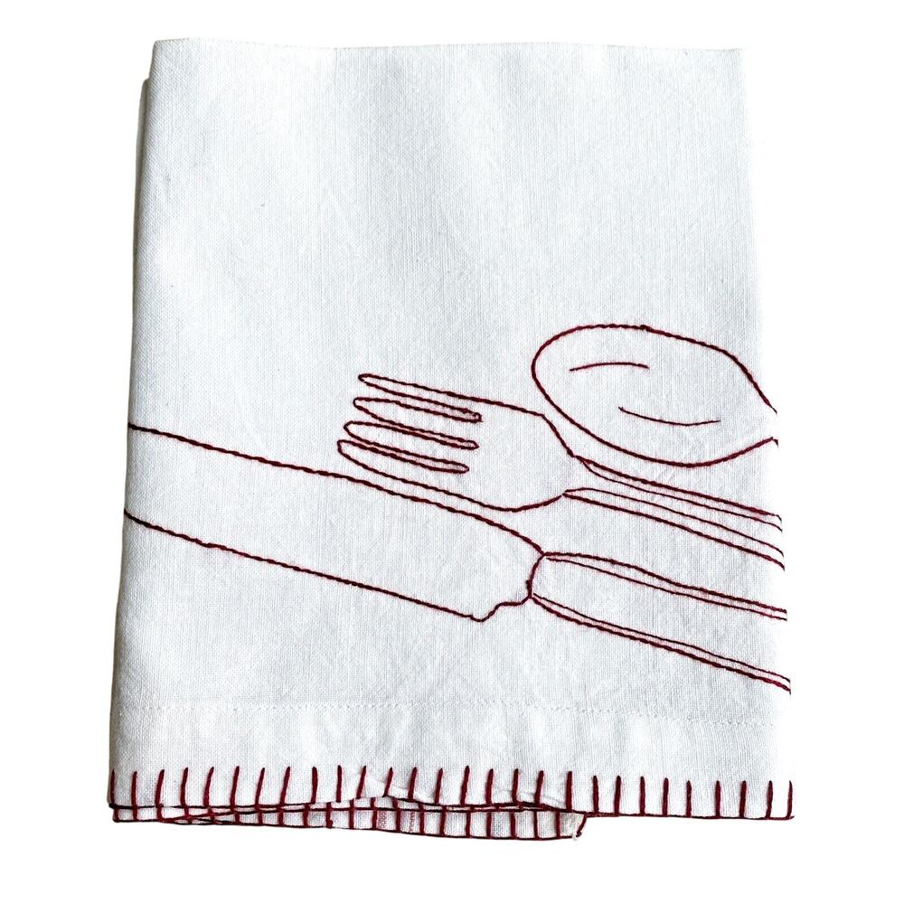 White cotton muslin kitchen tea towel red embroidery finishes country farmhouse